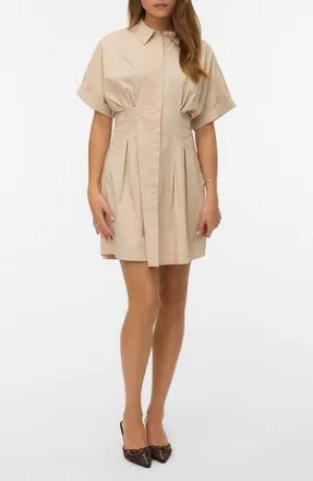 Vero Moda Friba Pleated Mini Shirtdress in Cement at Nordstrom, Size X-Small