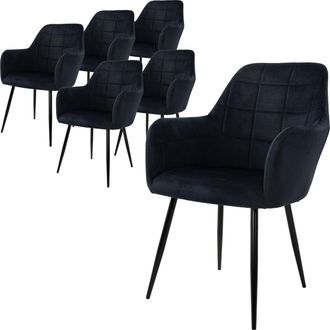 ECD Germany Ecd Germany - Juego De 6 Sillas De Comedor - Con Respaldo Y Reposabrazos - Asiento De Terciopelo Tapizado Negro- Estilo N&oacute;rdico - Con Patas De Metal -