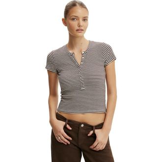 Cotton On Womens Blake Henley Short Sleeve in Madi Stripe Dark Oak at Nordstrom, Size Medium