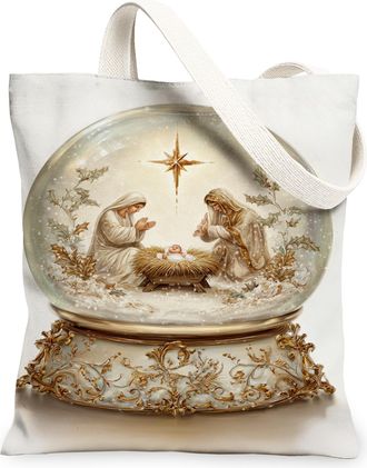 Generic Vintage Nativity Canvas Tote Bags, Elegant Holiday Design Reusable Bags, Winter Lightweight Washable Shoulder Strap Canvas for Travel 13x15 Inch