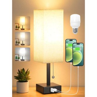 Elle L&aacute;mpara De Mesita De Noche Led Regulable Con 3 Colores (2700/3500/5000k) - Puertos Usb-a Y Usb-c - Interruptor De Cadena - Dise&ntilde;o Contempor&aacute;neo