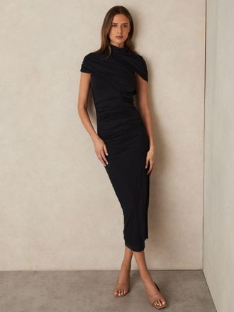 Reiss Azure Blue Stretch-lyocell Ruched Midi Dress, 14, Dark