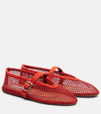 Alaia Ala&iuml;a Suede-trimmed fishnet ballet flats