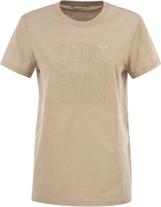 Max Mara Jersey T-Shirt met Geborduurd Logo - Dames - T-shirts - Beige - XS - Katoen - Tops