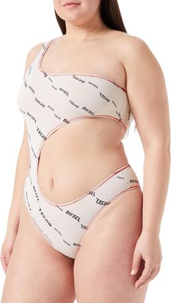 Diesel BFSW-Rowanda Womens Swimsuits Cutout Logo Stretchable One Piece Bodysuits - Beige Polyamide - Size Medium