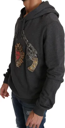 Dolce & Gabbana Gray Hooded Red Crystal Heart Gun Mens Sweater