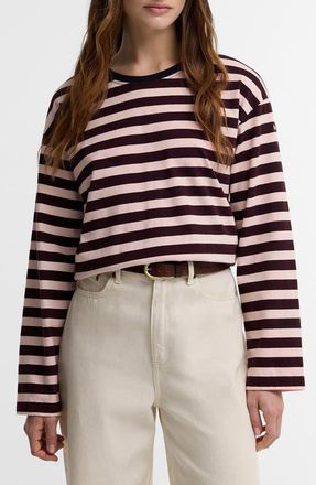 Barbour Woodhouse Striped Long Sleeve Cotton Top in Fig/pink Blush at Nordstrom, Size 10