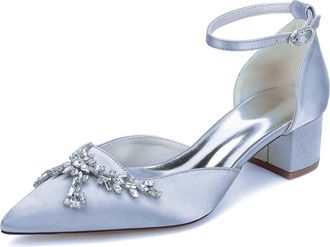 Generic Womens Shoes Evening Low Heel Bridal Wedding Pumps Satin Prom Party Dress Chunky Heels Pumps 4.5Cm,Silver,10 UK