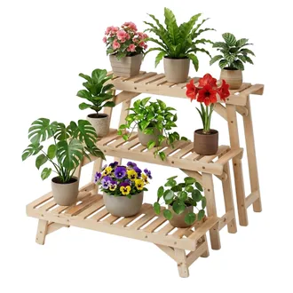 Relaxdays Relaxdays Portavasi, Set 3 Pz, H 19,5/33/49 Cm, In Abete, Per Interno/esterno, Naturale