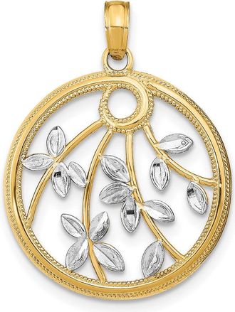 Diamond2Deal 14k Yellow Gold and White Rhodium Leaves in Round Frame Charm Pendant