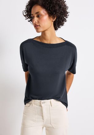 Street One T-Shirt STREET ONE, Damen, Gr. 36, blau (deepwater blau), Jersey, Obermaterial: 95% Viskose, 5% Elasthan, unifarben, h&uuml;ftbedeckend, U-Boot-Ausschnitt,