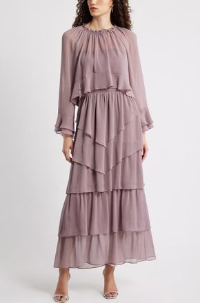 Chelsea28 Tiered Ruffle Chiffon Cape Dress in Mauve at Nordstrom, Size Xx-Small