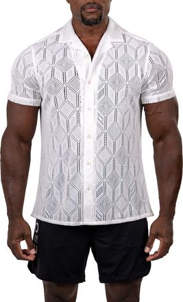 Maceoo Marthy Knit Short Sleeve Button-Up Shirt in White at Nordstrom, Size 2