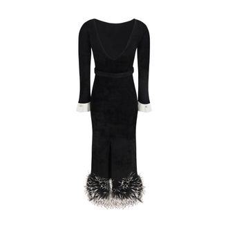 Self Portrait Feather-Trimmed Chenille Dress - Black
