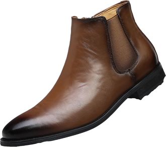 Generic Mens Flat Heel Chelsea Ankle Boots Pointed Toe Short Boots PU Leather Office Dress Shoes with Side Zipper,Yellow,6.5 UK