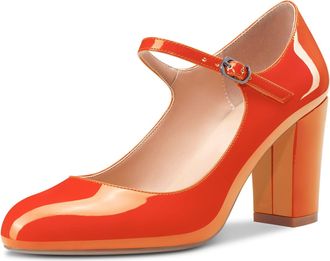 Castamere Women Mid Chunky Block Heel Round Toe Pumps Court Shoe Mary Jane Ankle Strap Office Party Dress Shoes 8.5 CM Heels Orange 6 UK