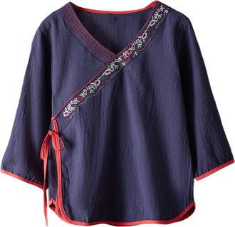 Generic Linen Tops for Women 3/4 Sleeve Tops for Women Uk Linen Shirts Flowy Boho Top Dressy Casual V Neck Pullover Tunic Peasant Blouses Tai Chi Clothing Nav