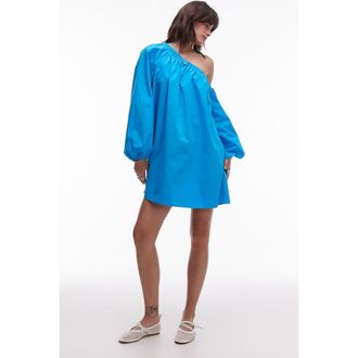 Topshop One-Shoulder Long Sleeve Trapeze Cotton Poplin Minidress in Turquoise at Nordstrom Rack, Size 4 Us (Fits Like 0-2)