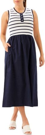 Karen Kane Stripe Mixed Media Midi Dress in Navy W/Off White at Nordstrom, Size X-Large