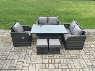 Fimous Wicker PE Rattan Furniture Garden Dining Set Outdoor Height Adjustable Rising lifting Table Love Sofa With Reclining Chair in Dark Grey