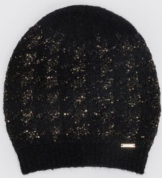 Twinset Berretto beanie in lurex con applicazione di paillettes e logo metallico