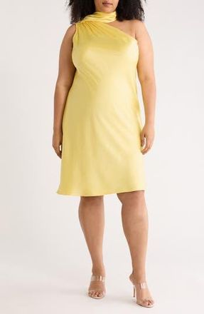 Renee C One-Shoulder Satin Shift Dress with Scarf in Butter at Nordstrom Rack, Size 3X