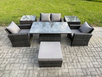 Fimous Outdoor Garden Dining Sets Rattan Patio Furniture Sofa Set with Rising Lifting Table 2 Side Tables in Dark Grey