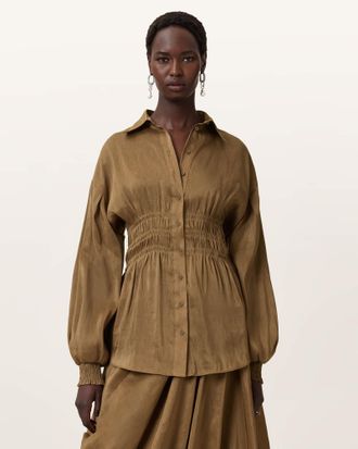 AllSaints Linen Staci Long Sleeve Linen Shirt, Size: UK 14/US 10