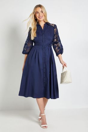 Wallis Womens Petite Cotton Lace Belted Shirt Dress - Navy - Size 12 UK