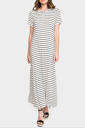 Gibsonlook Henley Detail Knit Maxi Dress In Ivory Black Stripe