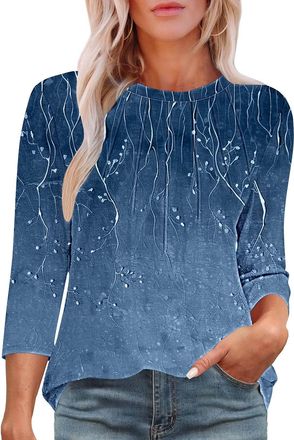 Generic Mis Pedidos Womens Summer Blouse UK Casual 3/4 Sleeve Crewneck Cotton Tops 2025 Fashion Pleated Floral Striped Printed Shirts Lightweight Breathable G