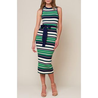 Flying Tomato Striped Tie Waist Sweater Dress in Navy/Green at Nordstrom Rack, Size Medium