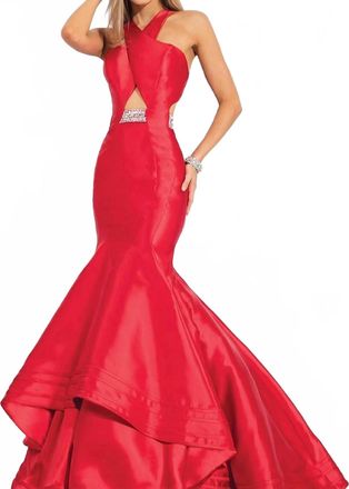 Rachel Allan Criss-Cross Mikado Mermaid Ruffled Gown In Red
