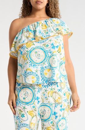 Sugarlips Harvest Island Brinley Ruffle One-Shoulder Top in White/Blue/Yellow at Nordstrom, Size 3 X
