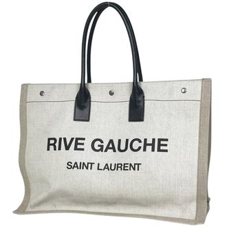 Saint Laurent Beige White Canvas Leather Tote Bag (Pre-Owned)