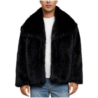 Generic Faux Fur Coat Men Fluffy Cardigan Warm Winter Jackets for Men Luxury Faux Furry Coats Solid Color Shaggy Thicked Coat Plush Open Front Cardigans Turn-