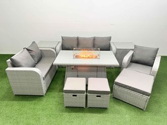 Fimous Patio PE Wicker 9 Seater Outdoor Rattan Furniture Sofa Sets w/ Firepit Dining Table Reclining Chair Loveseat Sofa 3 Seater Sofa Stool 2 Side
