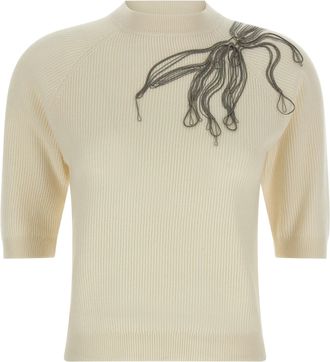 Brunello Cucinelli Shiny Flower Embroidery Maglioni Bianco-Donna