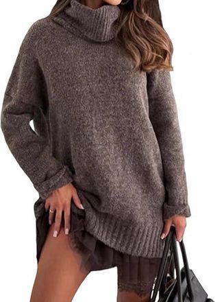 Generic Womens Turtleneck Sweater Mini Dress Set, Combining a Soft Sweater Dress with an Elegant Lace-Trim Slip (UK, Alpha, L, Regular, Regular, Brown)