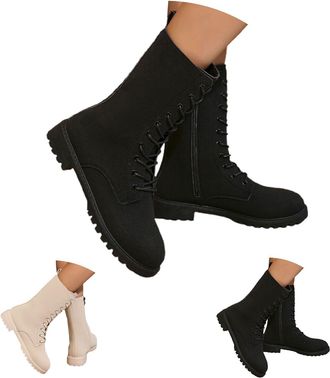 Generic Ankle Boots for Women White Combat Boots Lace Up School Shoes with Side Zipper Chunky Lug Sole Waterproof Warm Casual Shoes Princess Footwear for Autu
