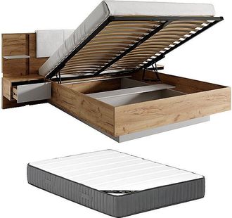 Vente-Unique Canap&eacute; abatible con mesitas de noche 160 x 200 cm - Con LEDs - Color: Natural y blanco + Colch&oacute;n - ELYNIA