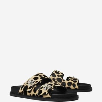 Tory Burch Womens Slider Sandals With Leopard Pattern Leather Slippers Flat Shoes