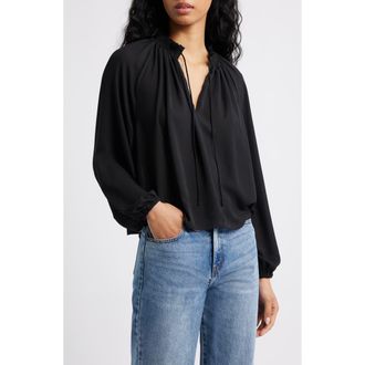 Madewell Long-Sleeve Tie-Neck Top in Jet Black at Nordstrom, Size Xx-Large