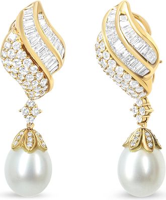 House of Brilliance 18k Yellow Gold 7.0 Cttw Baguette and Round Diamond South Sea Pearl Drop Dangle Clip-On Earrings