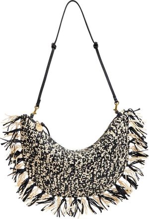 Clare Vivier Lune Fringed Raffia Shoulder Bag in Black/Cream Raffia W/Fringe at Nordstrom