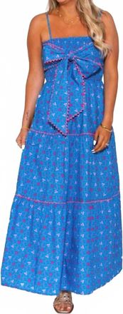 Peach Love California Floral Print Front Bow Dress In Blue