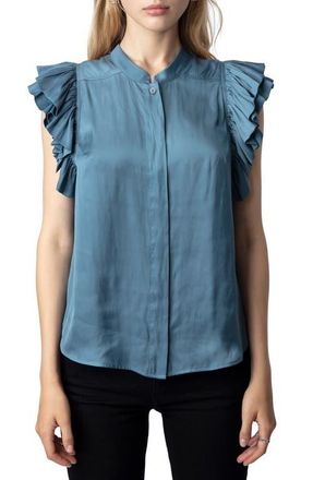 Zadig&Voltaire Tiza Ruffle Satin Button-Up Blouse in Bluestone at Nordstrom, Size X-Small
