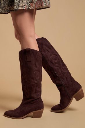 Oasis Womens Jess Faux Suede Embroidered Western Knee Boots - Chocolate - Size UK 6
