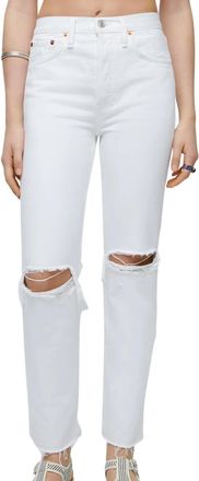Re/Done High Rise Stove Pipe Jeans In White Destroyed