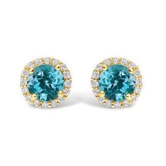 House of Brilliance 10K Gold Gemstone and 1/6 Cttw Diamond Halo Stud Earring in Yellow | Blue Topaz at Nordstrom